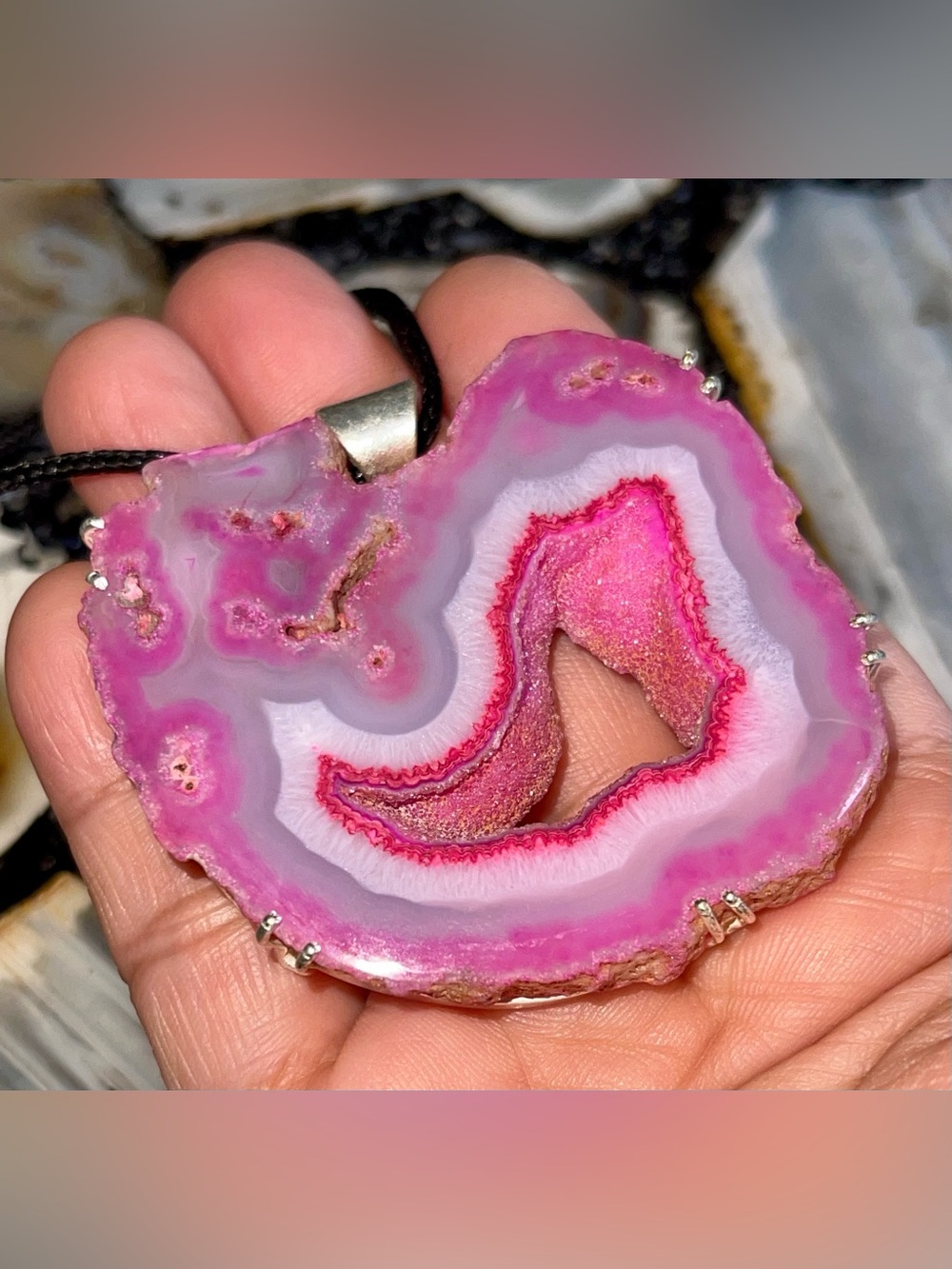 Jumbo Vibrant Pink Agate Geode Slice Drusy  Pendant 2 1/4”x2 1/4” - Picture 6 of 17